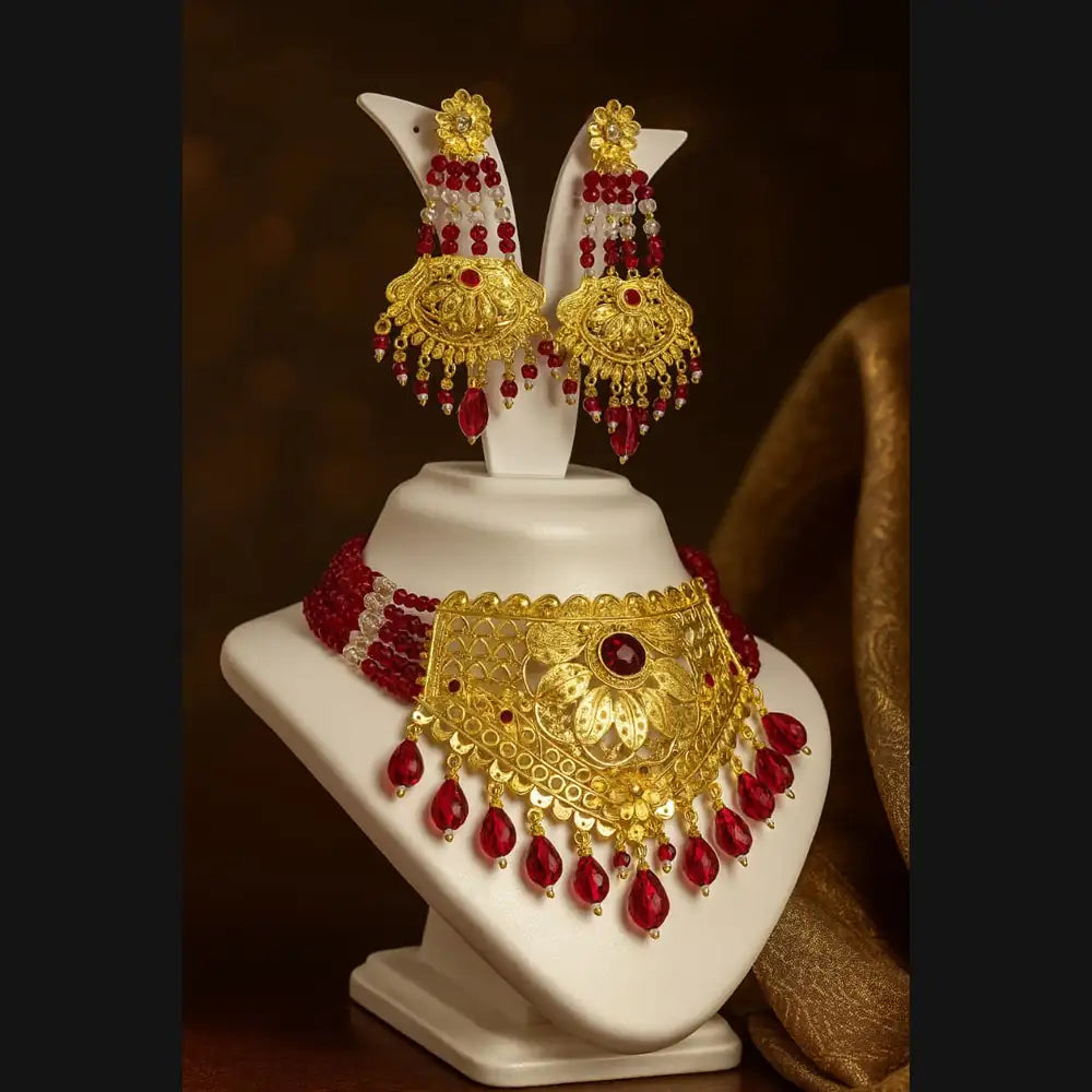 Royal Red Crystal Choker Necklace Set with Earrings – Handmade Gold-Plated Bridal Jewellery