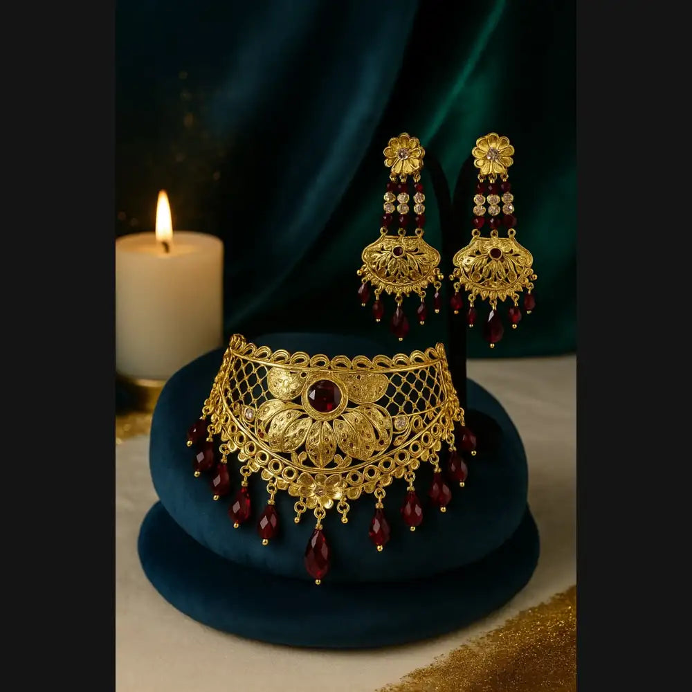 Royal Red Crystal Choker Necklace Set with Earrings – Handmade Gold-Plated Bridal Jewellery
