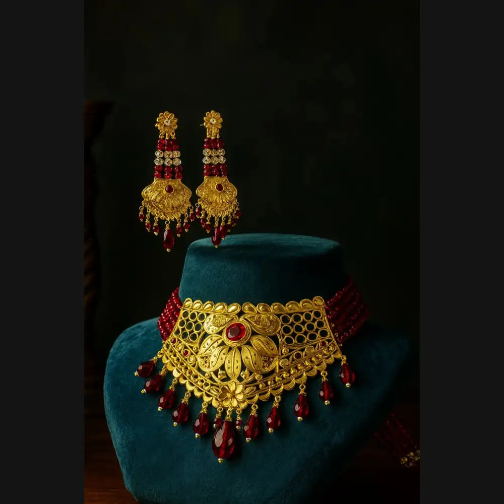 Royal Red Crystal Choker Necklace Set with Earrings – Handmade Gold-Plated Bridal Jewellery