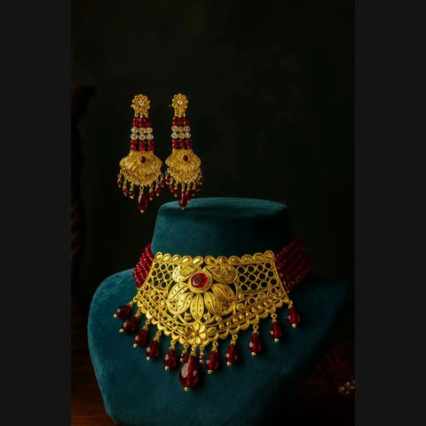 Royal Red Crystal Choker Necklace Set with Earrings – Handmade Gold-Plated Bridal Jewellery
