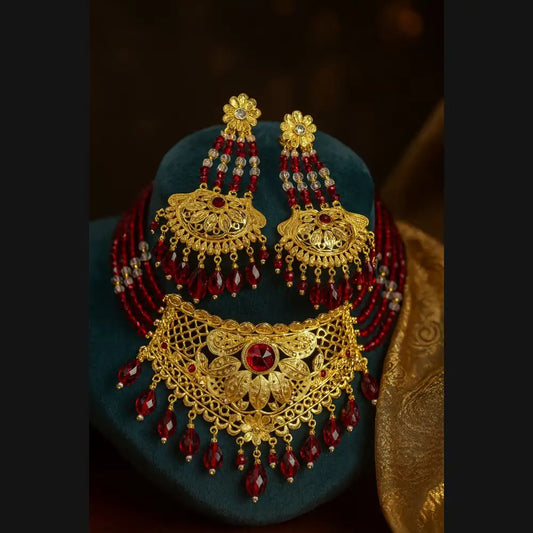 Product image of Royal Red Crystal Choker Necklace Set with Earrings – Handmade Gold-Plated Bridal Jewellery – image 1