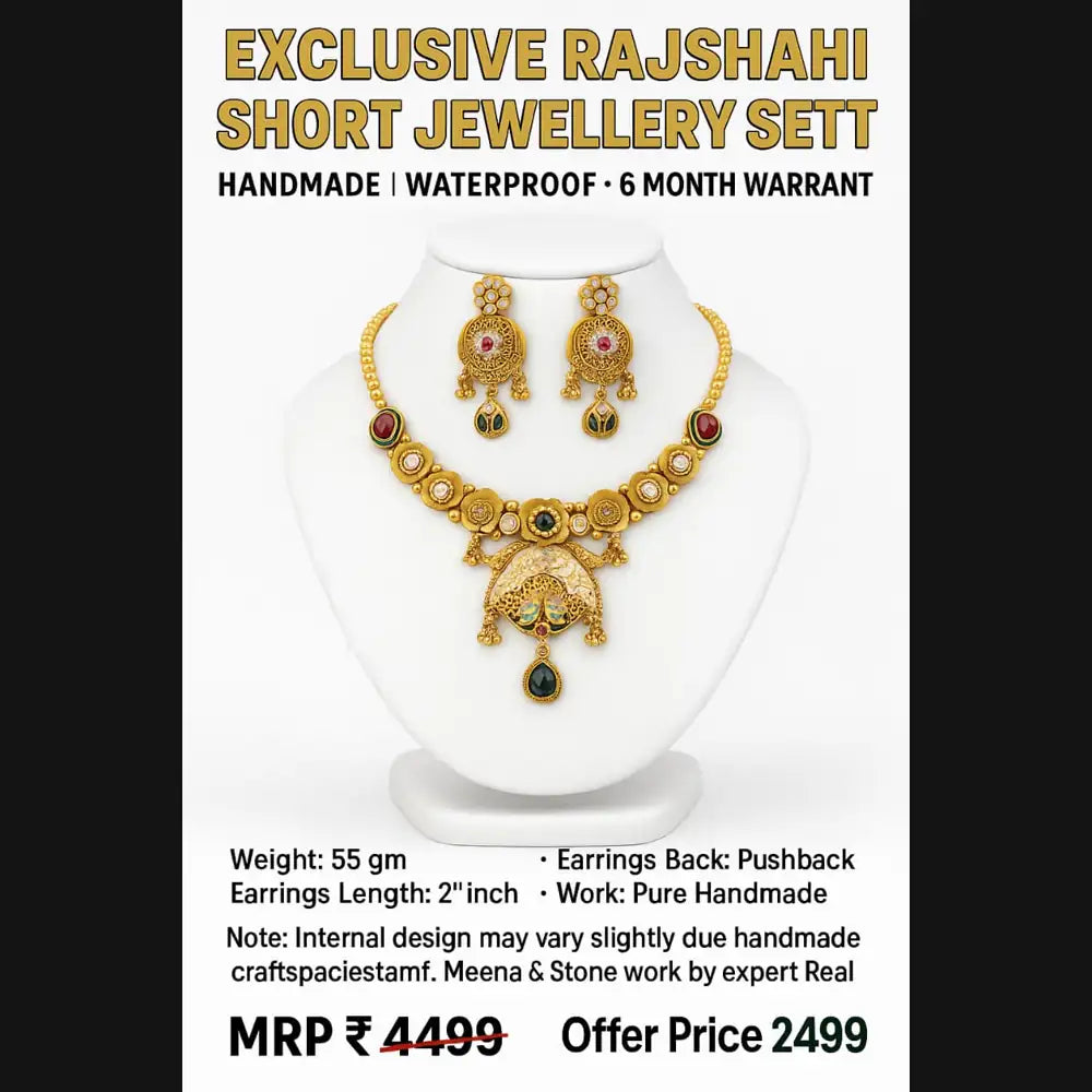 Exclusive Rajshahi Gold-Plated Short Necklace Set with Earrings – Handmade Meena & Stone Work