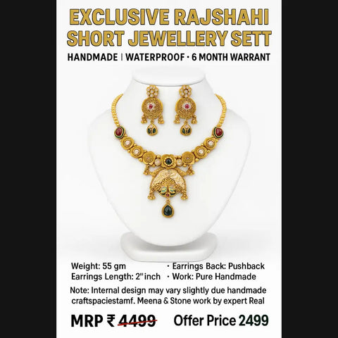 Exclusive Rajshahi Gold-Plated Short Necklace Set with Earrings – Handmade Meena & Stone Work