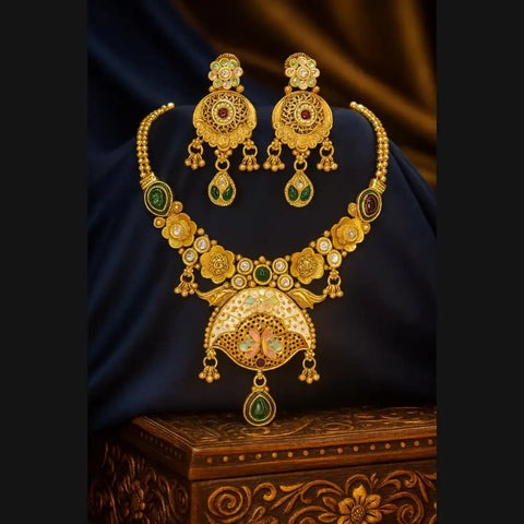 Exclusive Rajshahi Gold-Plated Short Necklace Set with Earrings – Handmade Meena & Stone Work