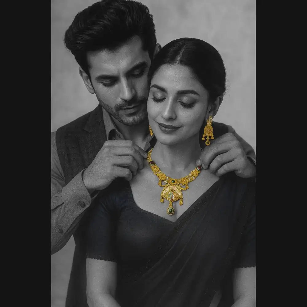 Exclusive Rajshahi Gold-Plated Short Necklace Set with Earrings – Handmade Meena & Stone Work