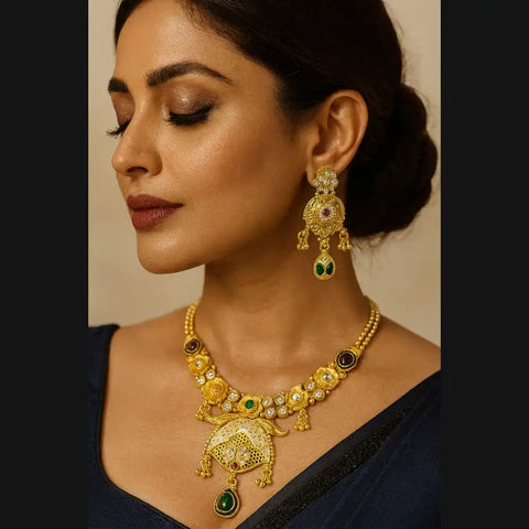 Exclusive Rajshahi Gold-Plated Short Necklace Set with Earrings – Handmade Meena & Stone Work