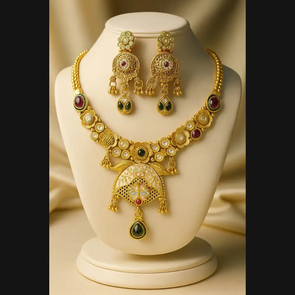 Exclusive Rajshahi Gold-Plated Short Necklace Set with Earrings – Handmade Meena & Stone Work