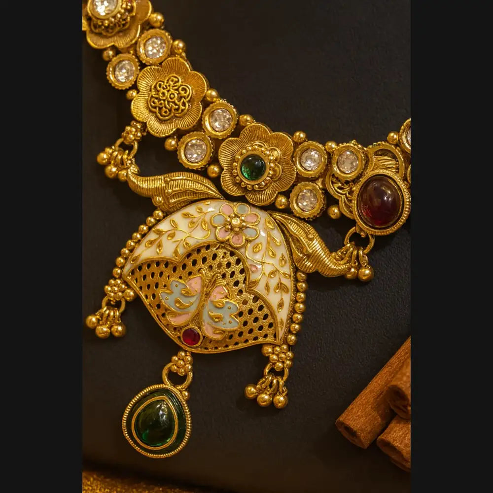 Exclusive Rajshahi Gold-Plated Short Necklace Set with Earrings – Handmade Meena & Stone Work