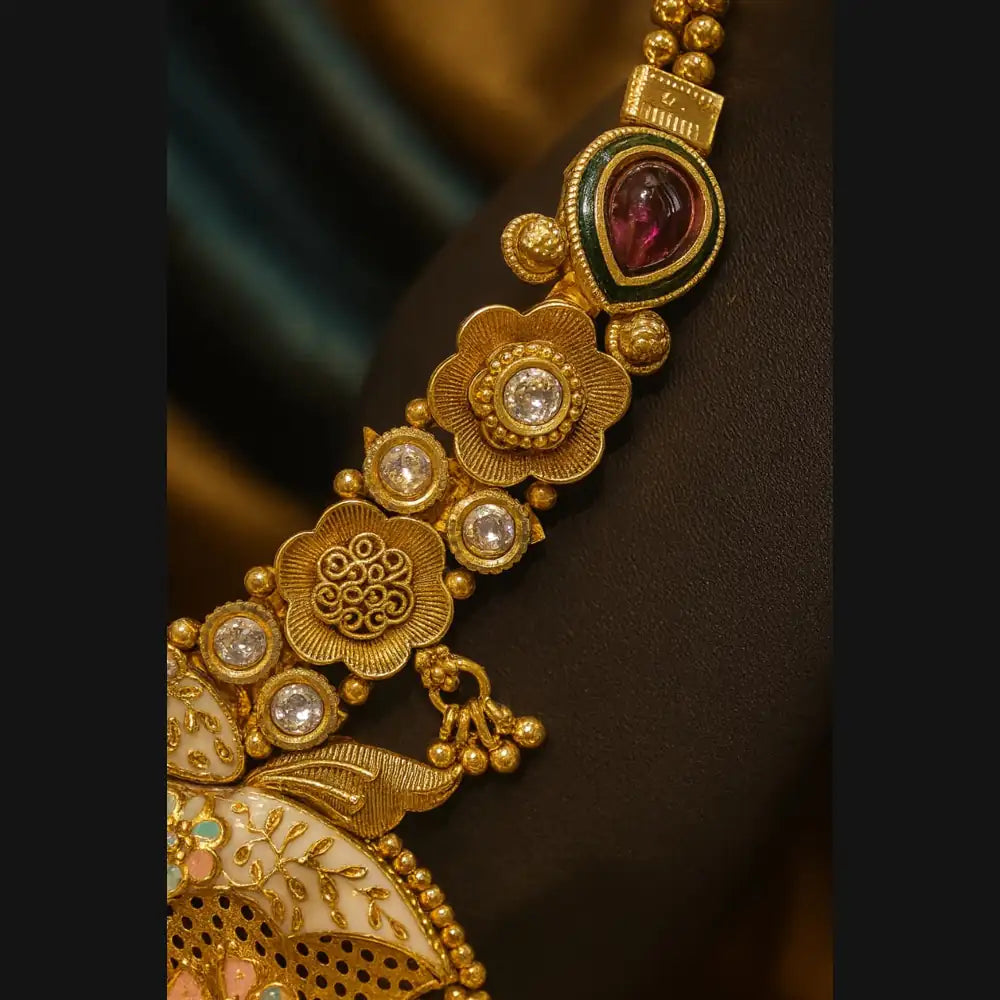 Exclusive Rajshahi Gold-Plated Short Necklace Set with Earrings – Handmade Meena & Stone Work