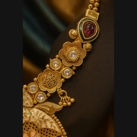 Exclusive Rajshahi Gold-Plated Short Necklace Set with Earrings – Handmade Meena & Stone Work