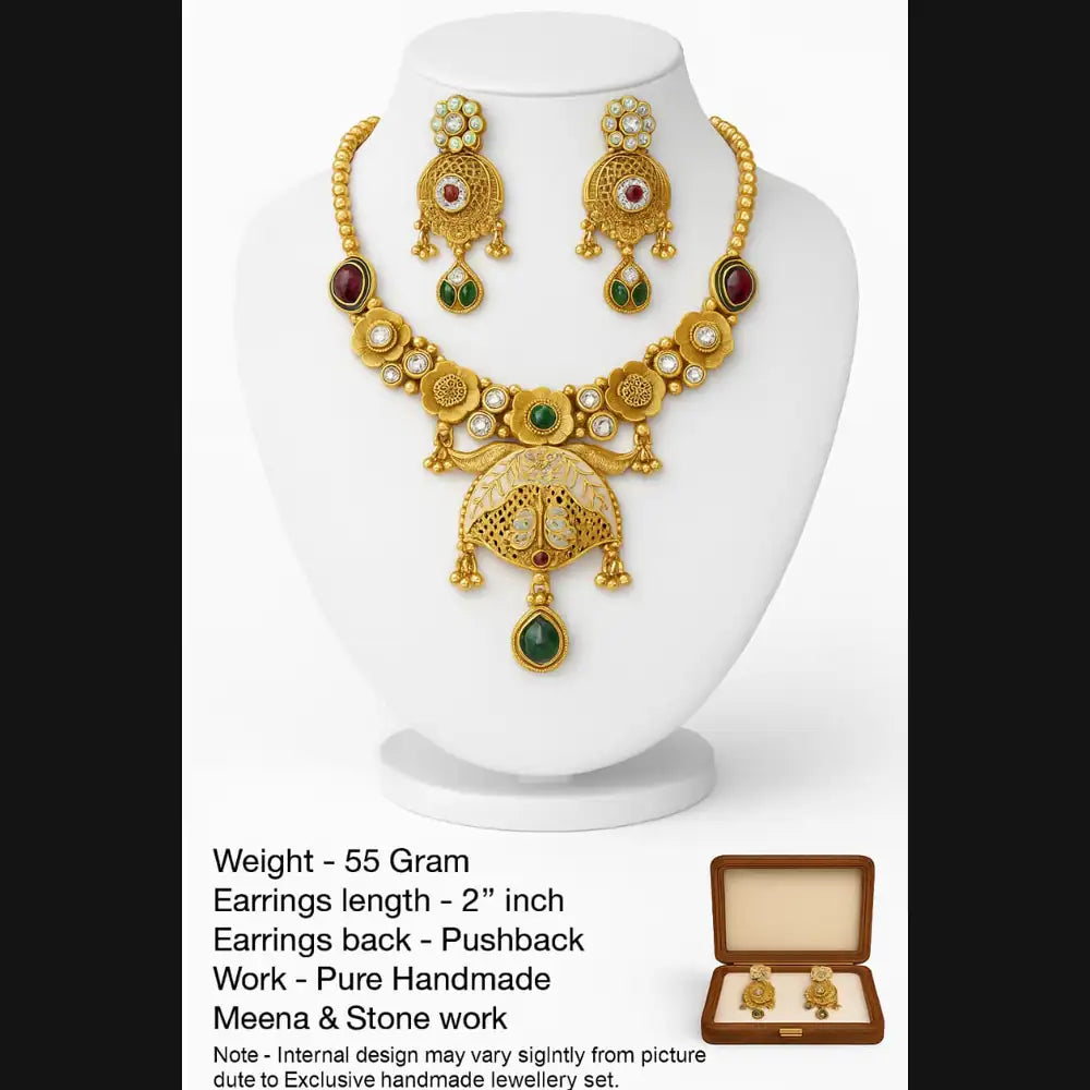 Exclusive Rajshahi Gold-Plated Short Necklace Set with Earrings – Handmade Meena & Stone Work