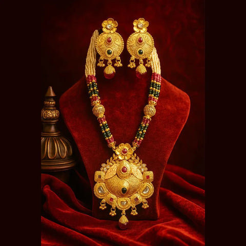 Bridal Long Necklace with Matching Earrings | Handmade One Gram Gold-Plated Beaded Jewelry