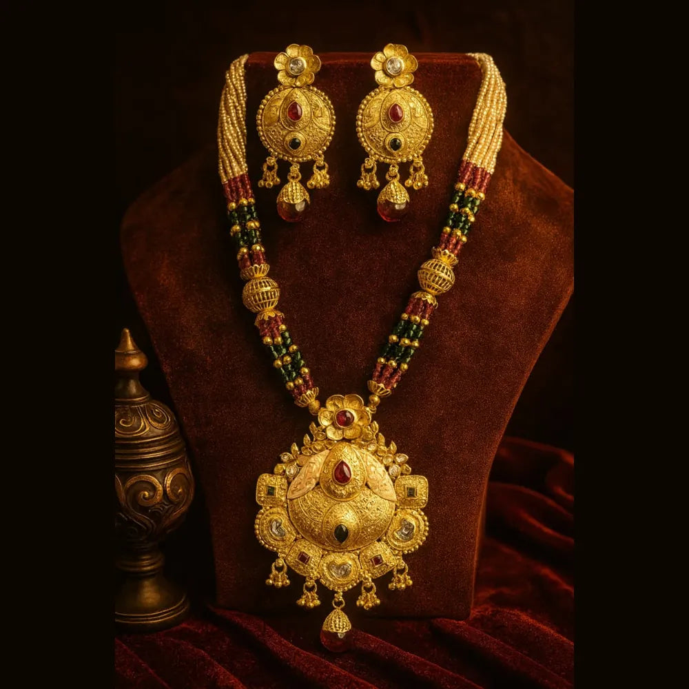 Product image of Bridal Long Necklace with Matching Earrings | Handmade One Gram Gold-Plated Beaded Jewelry – image 1