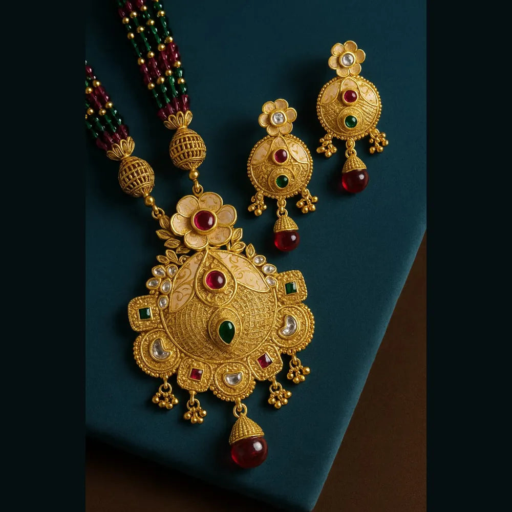 Bridal Long Necklace with Matching Earrings | Handmade One Gram Gold-Plated Beaded Jewelry
