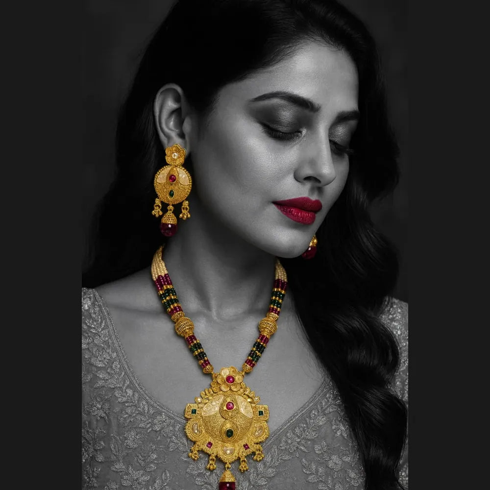 Bridal Long Necklace with Matching Earrings | Handmade One Gram Gold-Plated Beaded Jewelry