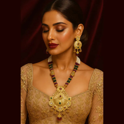 Bridal Long Necklace with Matching Earrings | Handmade One Gram Gold-Plated Beaded Jewelry