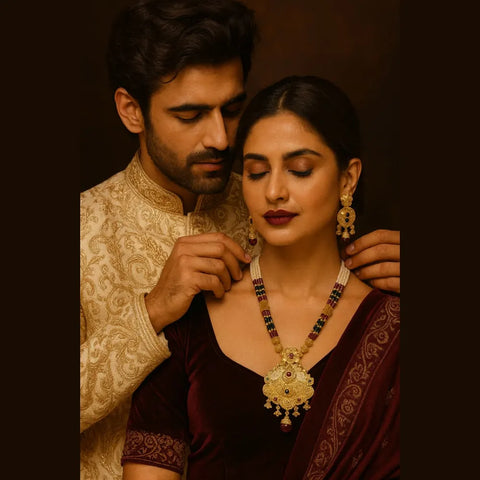 Bridal Long Necklace with Matching Earrings | Handmade One Gram Gold-Plated Beaded Jewelry