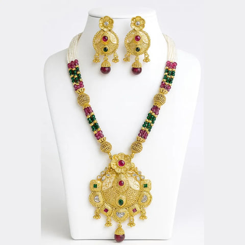 Bridal Long Necklace with Matching Earrings | Handmade One Gram Gold-Plated Beaded Jewelry