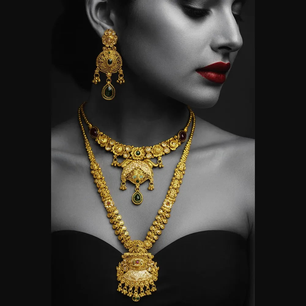 Bridal Necklace Set | Heavy Dual-Layer Gold Look Jewellery