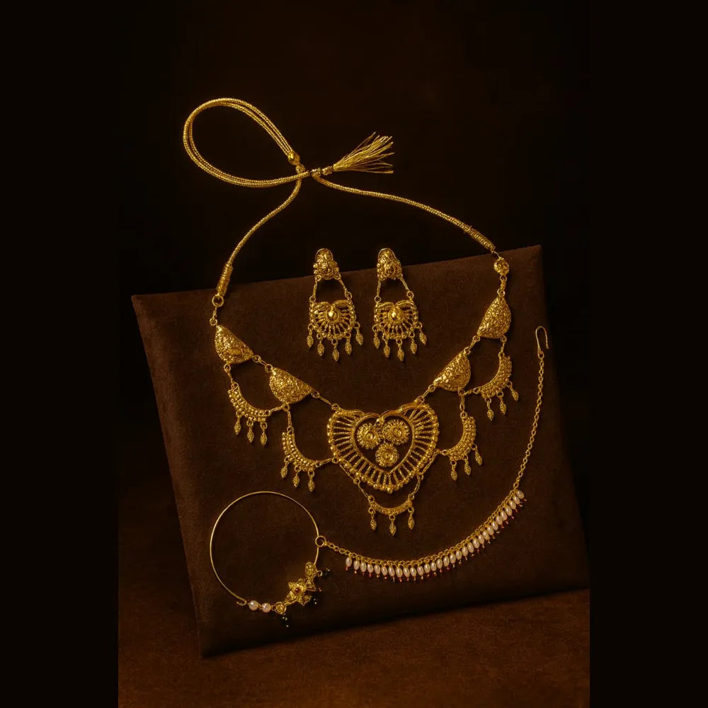 Exclusive Handmade Combo Bridal Jewellery Set | Necklace, Earrings, Mangtika & Nathiya Karwa Chauth special