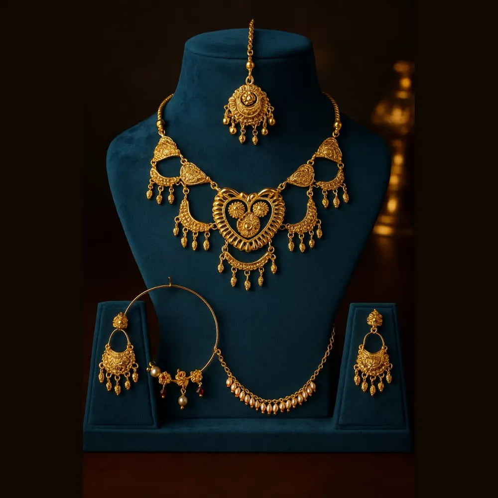 Exclusive Handmade Combo Bridal Jewellery Set | Necklace, Earrings, Mangtika & Nathiya Karwa Chauth special