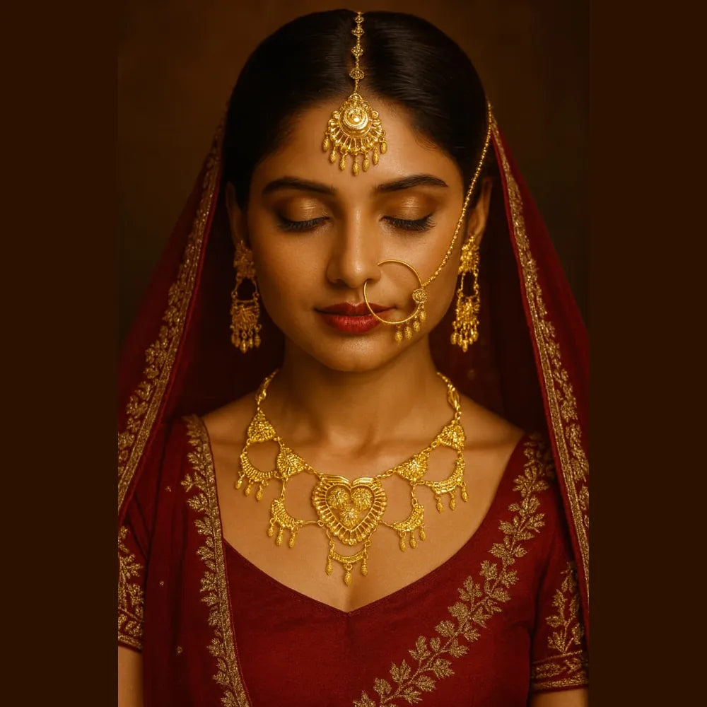 Exclusive Handmade Combo Bridal Jewellery Set | Necklace, Earrings, Mangtika & Nathiya Karwa Chauth special