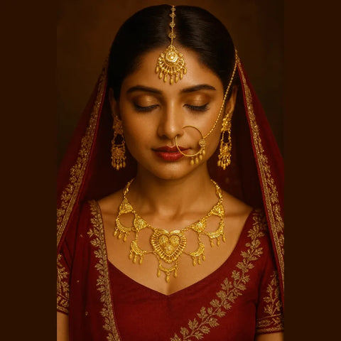 Exclusive Handmade Combo Bridal Jewellery Set | Necklace, Earrings, Mangtika & Nathiya Karwa Chauth special