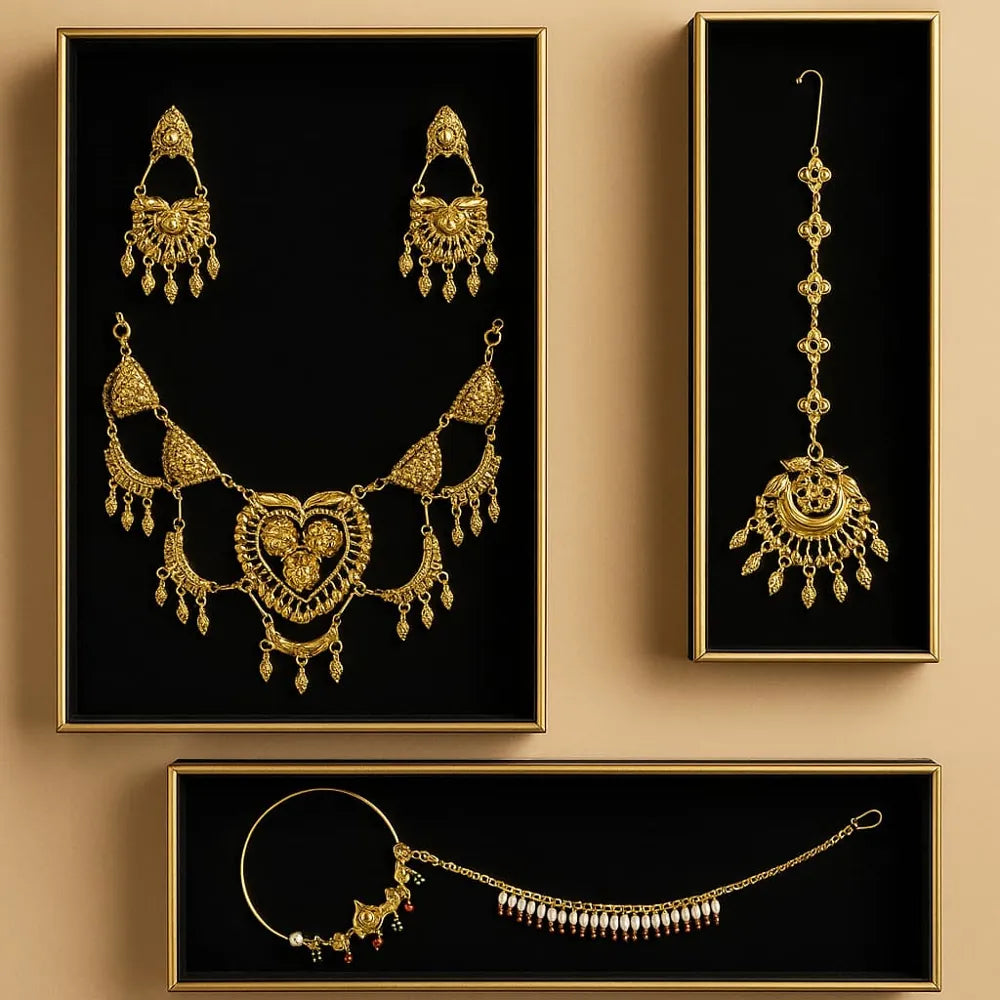 Exclusive Handmade Combo Bridal Jewellery Set | Necklace, Earrings, Mangtika & Nathiya Karwa Chauth special