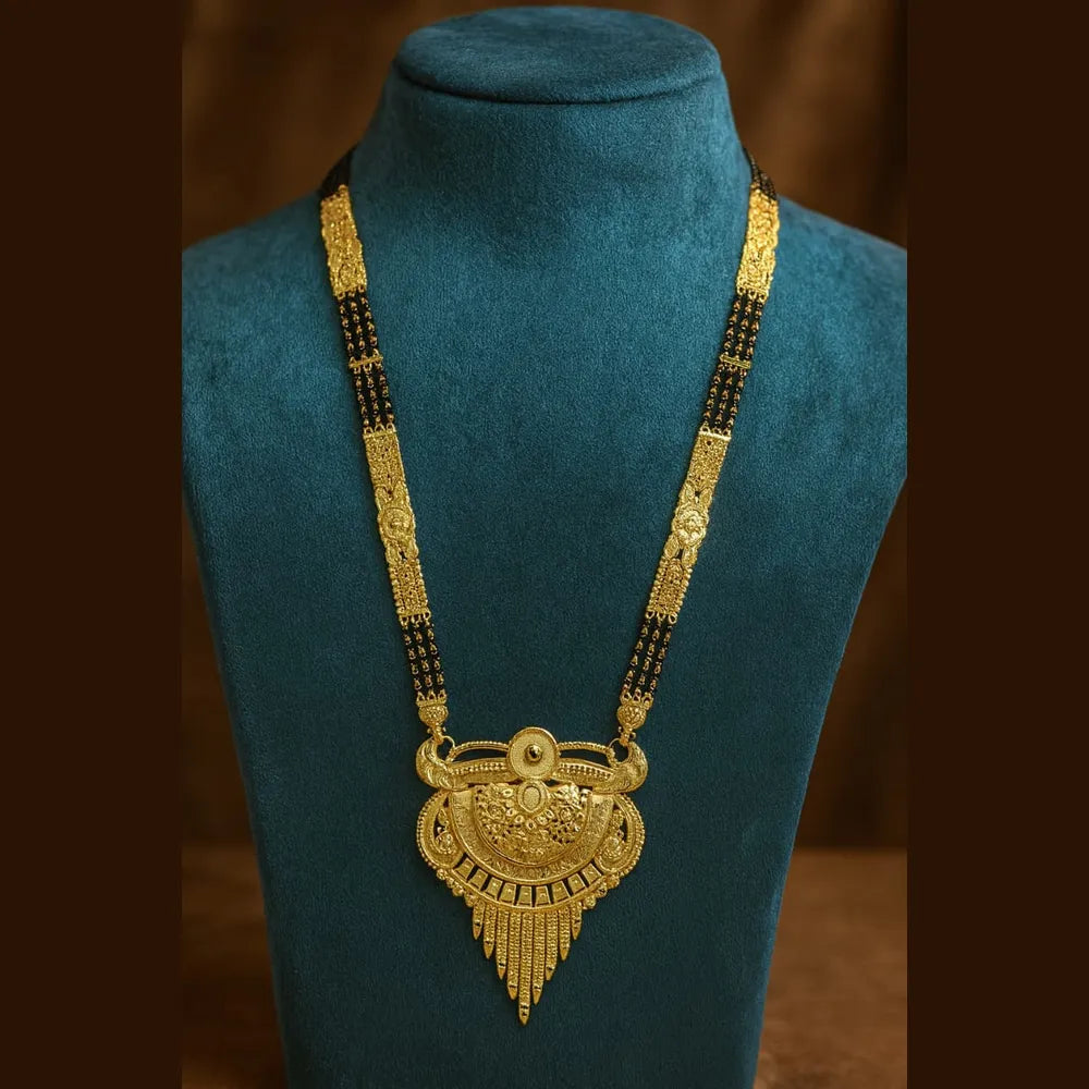 Handmade One Gram Gold-Plated 3-Layer Black Beads Mangalsutra with Designer Pendant – 32 Inch