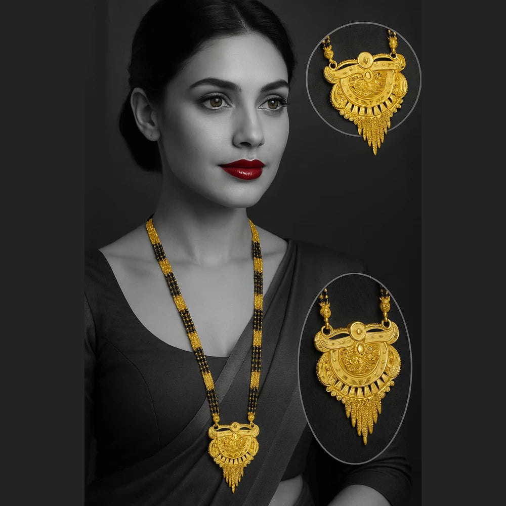 Handmade One Gram Gold-Plated 3-Layer Black Beads Mangalsutra with Designer Pendant – 32 Inch