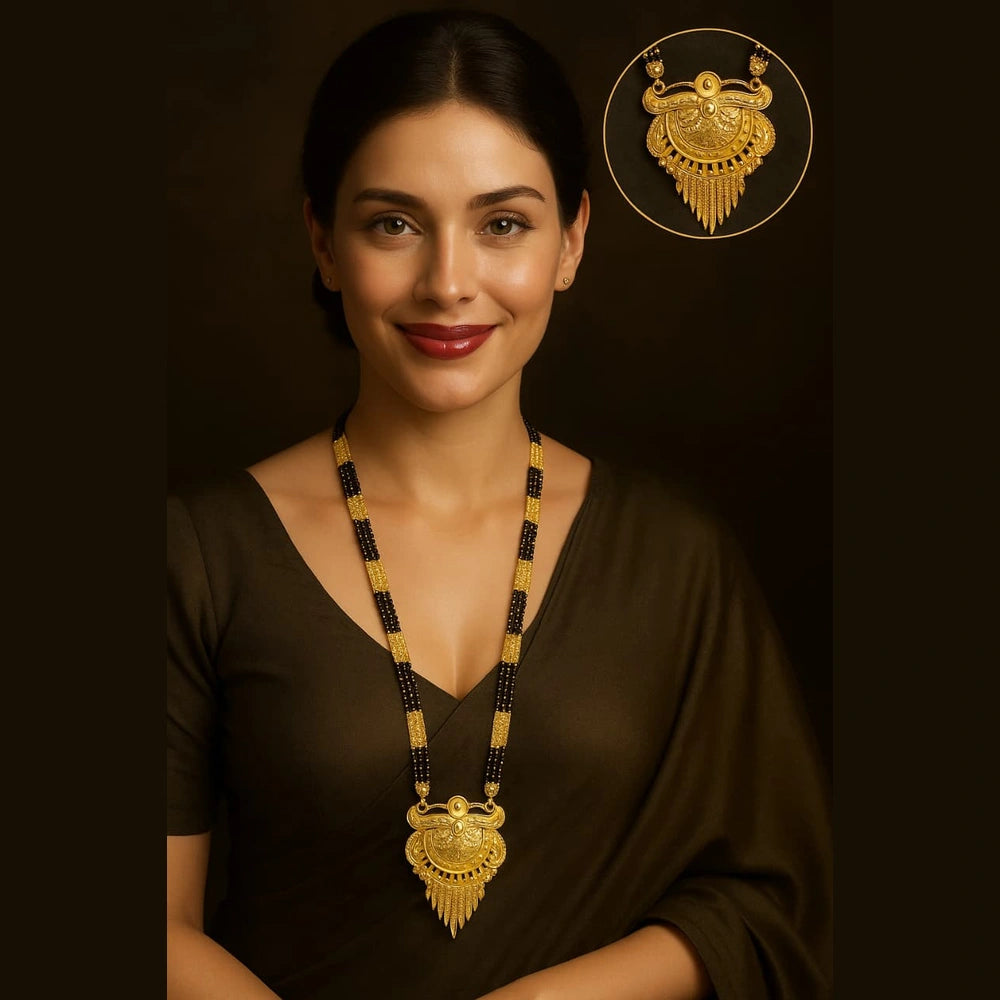 Handmade One Gram Gold-Plated 3-Layer Black Beads Mangalsutra with Designer Pendant – 32 Inch