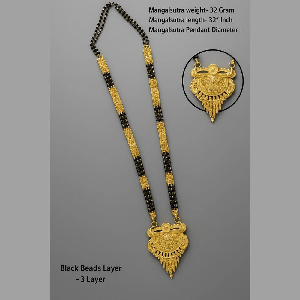 Handmade One Gram Gold-Plated 3-Layer Black Beads Mangalsutra with Designer Pendant – 32 Inch