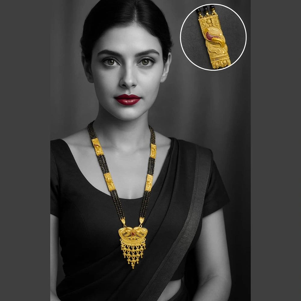 Exclusive Handmade One Gram Gold-Plated 4-Layer Black Beads Bridal Mangalsutra with Designer Pendant – 36 Inch