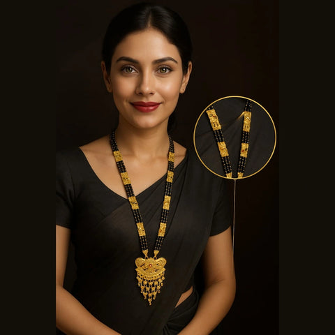 Exclusive Handmade One Gram Gold-Plated 4-Layer Black Beads Bridal Mangalsutra with Designer Pendant – 36 Inch