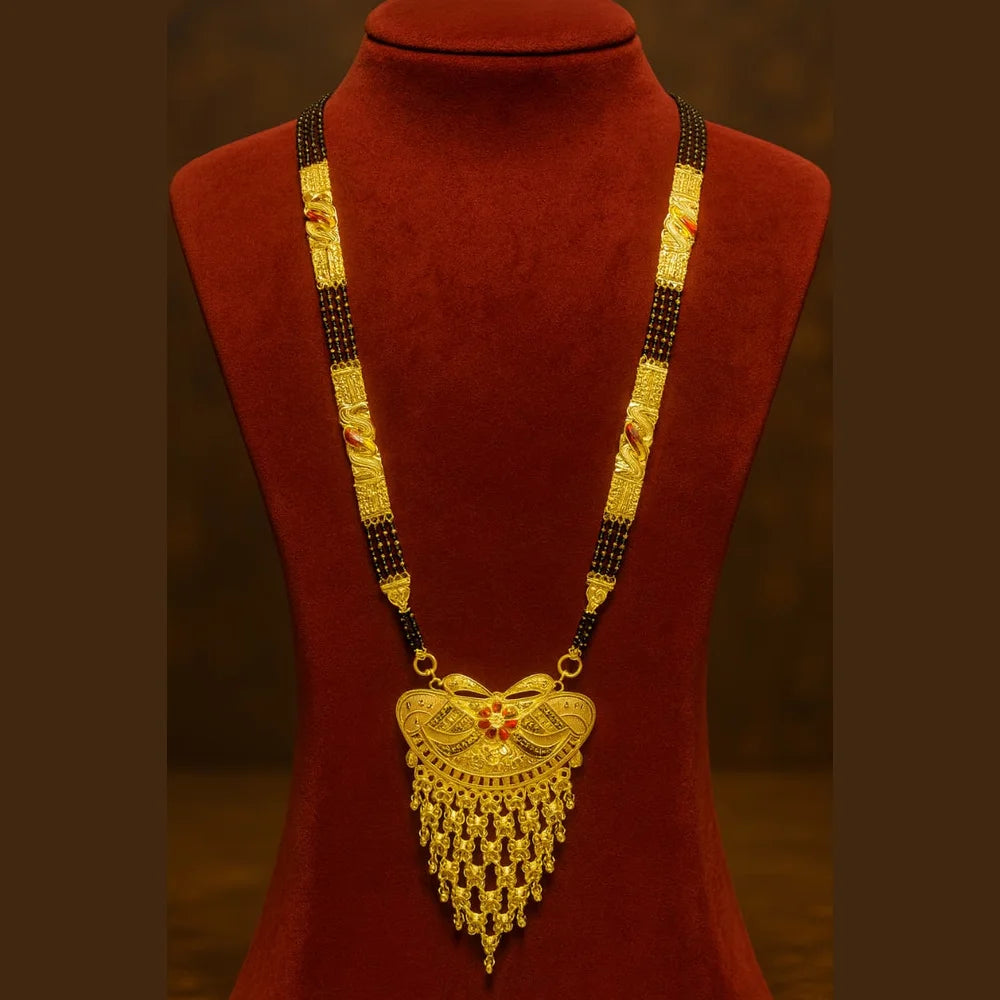 Exclusive Handmade One Gram Gold-Plated 4-Layer Black Beads Bridal Mangalsutra with Designer Pendant – 36 Inch