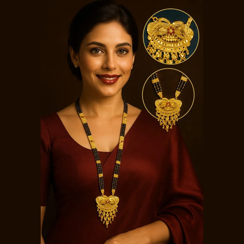 Exclusive Handmade One Gram Gold-Plated 4-Layer Black Beads Bridal Mangalsutra with Designer Pendant – 36 Inch