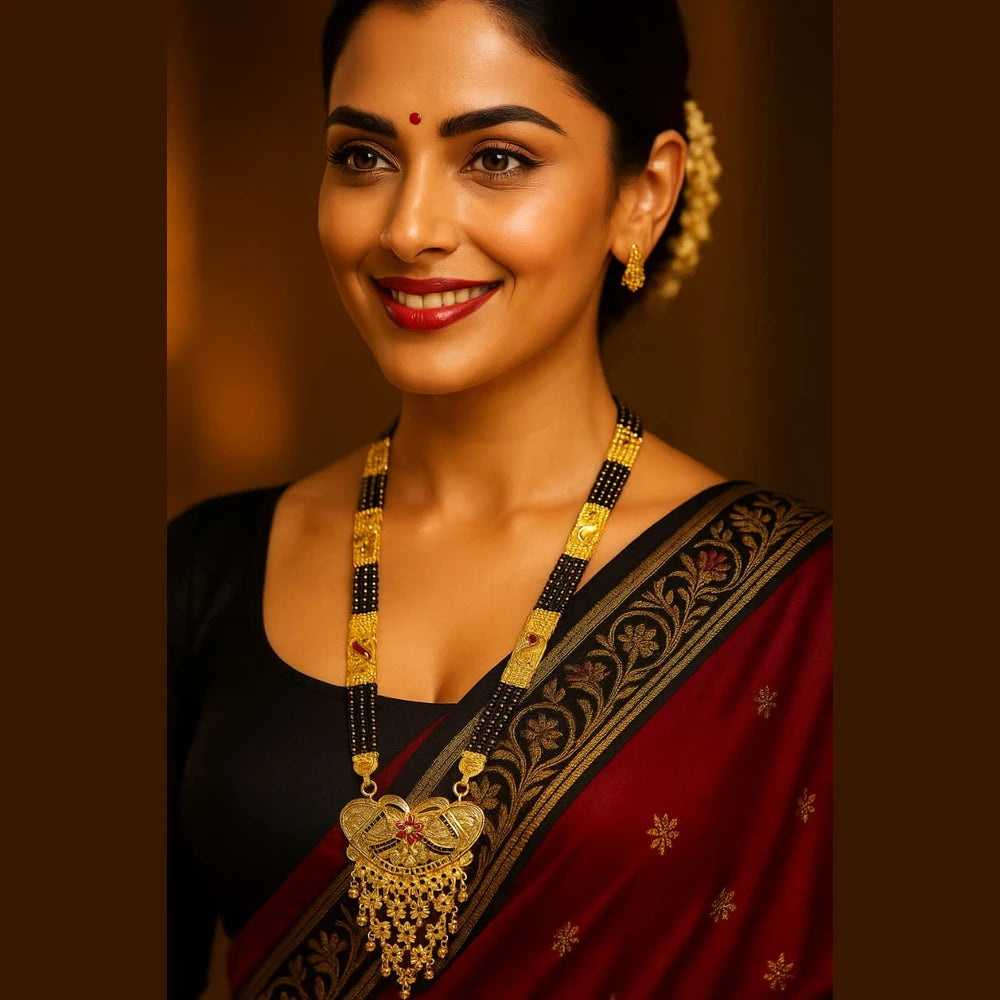 Exclusive Handmade One Gram Gold-Plated 4-Layer Black Beads Bridal Mangalsutra with Designer Pendant – 36 Inch