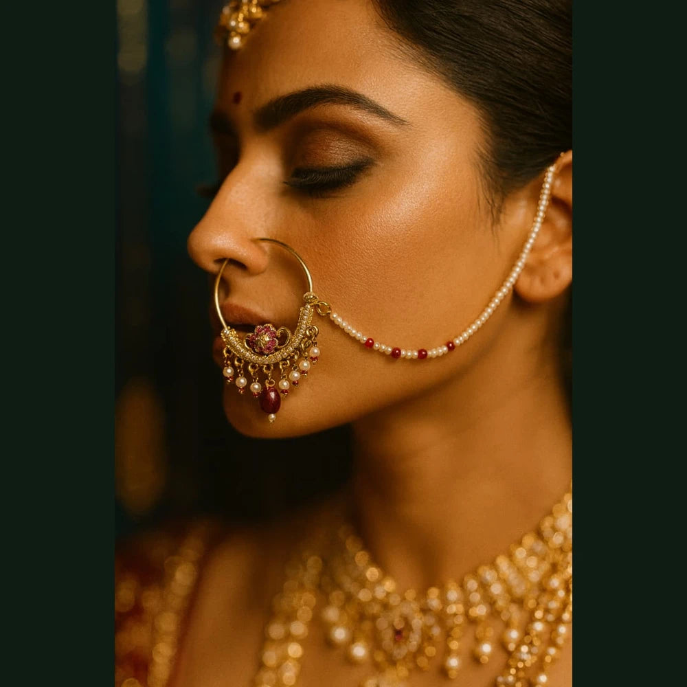 Exclusive Handmade One Gram Gold-Plated Nathiya with Support Chain & AD Stones – Bridal Nose Ring