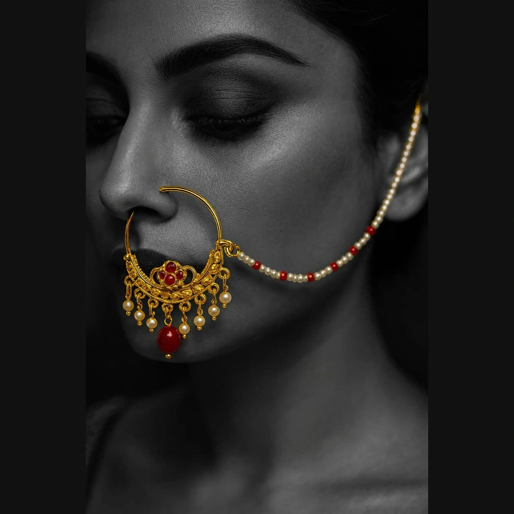 Exclusive Handmade One Gram Gold-Plated Nathiya with Support Chain & AD Stones – Bridal Nose Ring