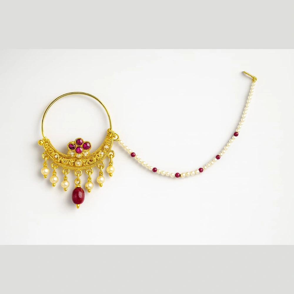 Exclusive Handmade One Gram Gold-Plated Nathiya with Support Chain & AD Stones – Bridal Nose Ring