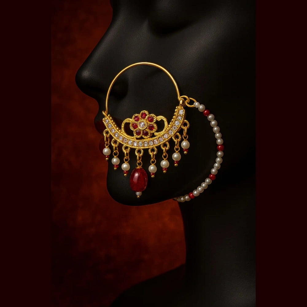 Exclusive Handmade One Gram Gold-Plated Nathiya with Support Chain & AD Stones – Bridal Nose Ring