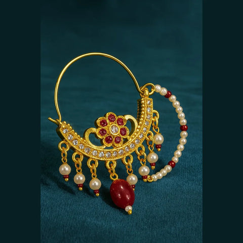 Exclusive Handmade One Gram Gold-Plated Nathiya with Support Chain & AD Stones – Bridal Nose Ring