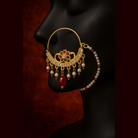 Exclusive Handmade One Gram Gold-Plated Nathiya with Support Chain & AD Stones – Bridal Nose Ring