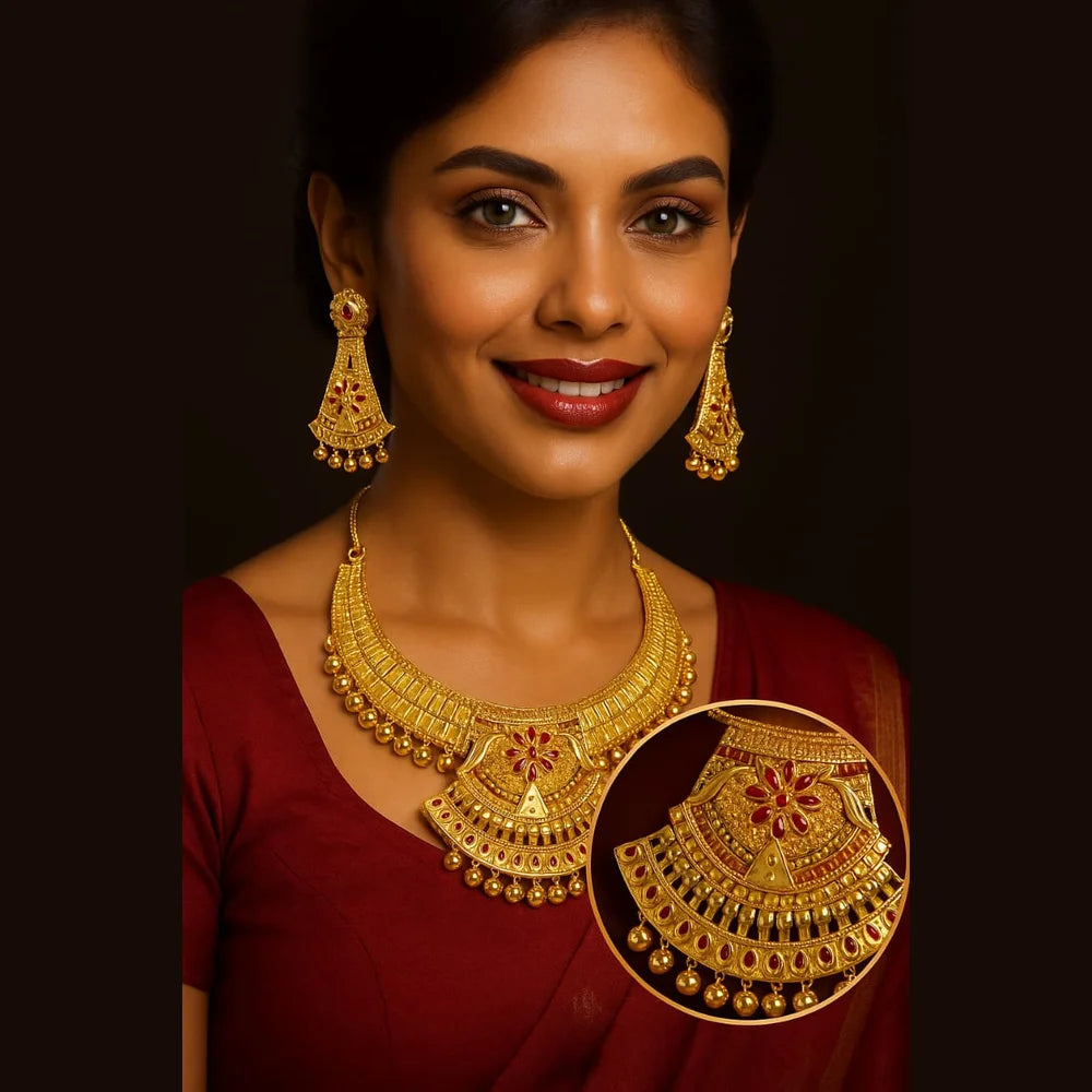 Traditional Bridal Necklace Set with Earrings – Antique Gold Finish