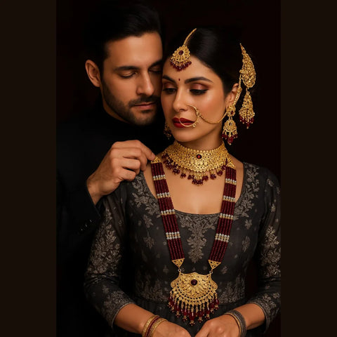 Bridal Red Beaded Gold Plated Jewellery Set – Necklace, Earrings & Maang Tikka