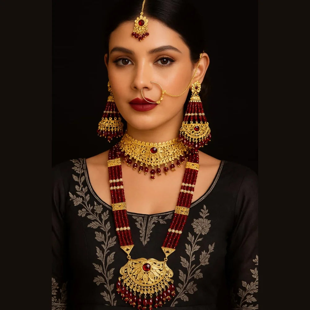 Bridal Red Beaded Gold Plated Jewellery Set – Necklace, Earrings & Maang Tikka