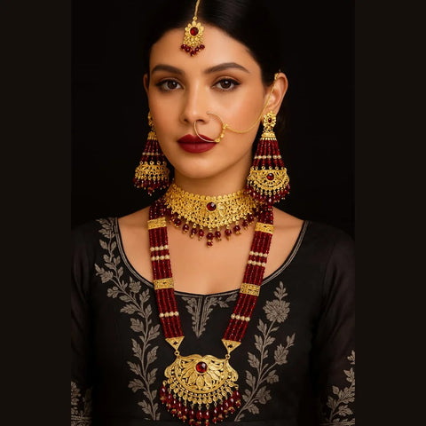 Bridal Red Beaded Gold Plated Jewellery Set – Necklace, Earrings & Maang Tikka
