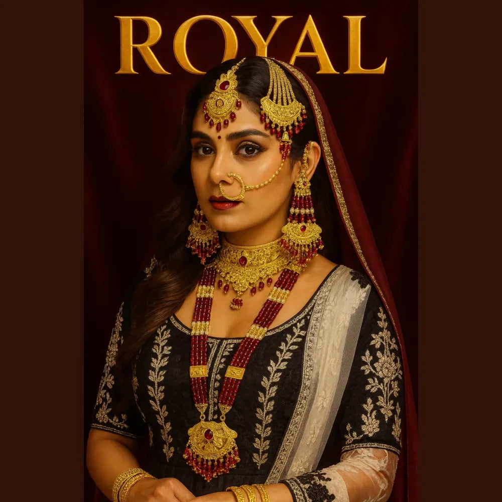 Bridal Red Beaded Gold Plated Jewellery Set – Necklace, Earrings & Maang Tikka