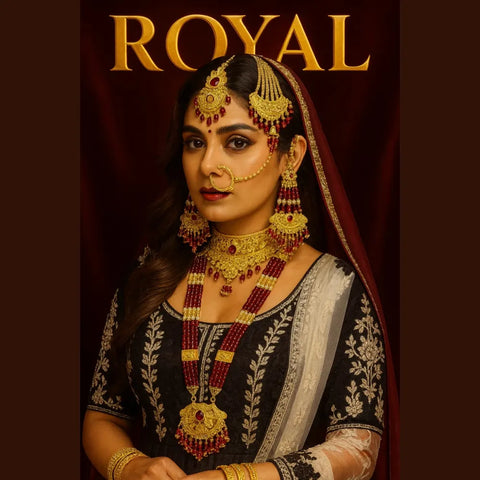 Bridal Red Beaded Gold Plated Jewellery Set – Necklace, Earrings & Maang Tikka