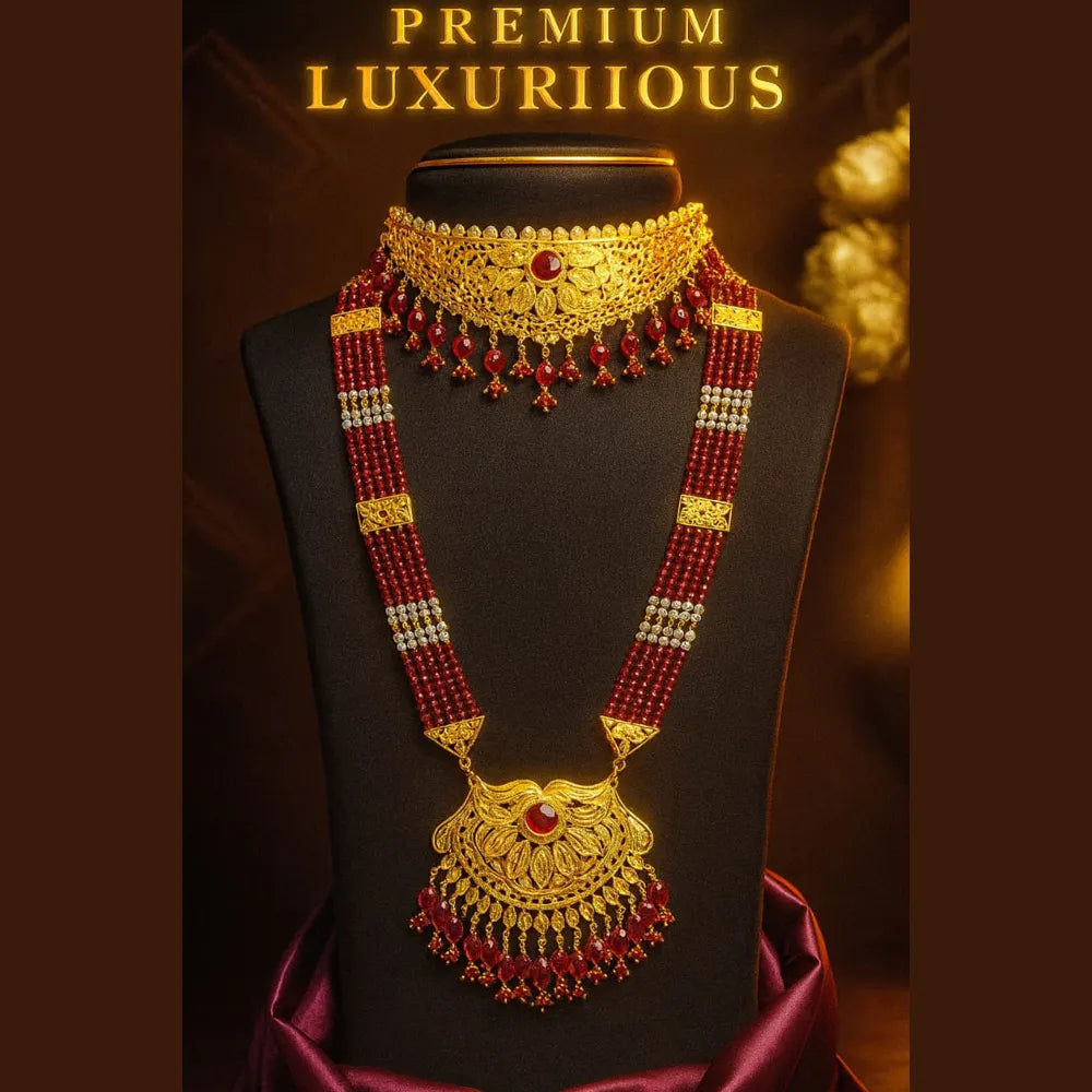 Bridal Red Beaded Gold Plated Jewellery Set – Necklace, Earrings & Maang Tikka